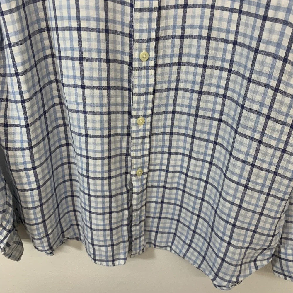 J Crew  Plaid Blue Irish Linen Button Up  Shirt Men  XL  Long Sleeve Travel Work
